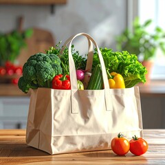 Beige canvas tote bag overflowing with fresh produce (1)