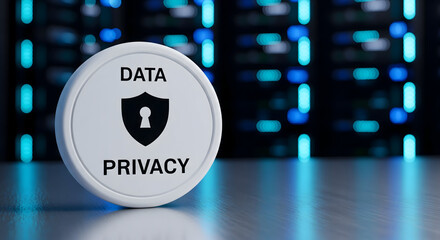 Data privacy badge with shield and lock icon on a metallic surface in a server room.