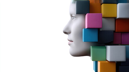 Side view of human head with colorful geometric cubes, modern abstract art, creative concept, white background