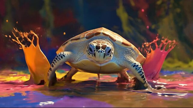 A vibrant sea turtle surrounded by colorful splashes of paint.