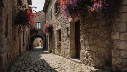 Charming Italian Alleyway with Stone Buildings and Flower Baskets.