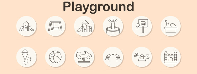Playground set icon. Slide, swing, trampoline, hoop, sandbox, kite, beach ball, rocker, arch, seesaw, castle. Children, fun, outdoor, play, park, equipment, joy, motion, game, activity.
