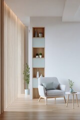 Fototapeta premium Contemporary interior design featuring a cozy grey armchair, elegant wooden slat wall, and stylish shelving with plants