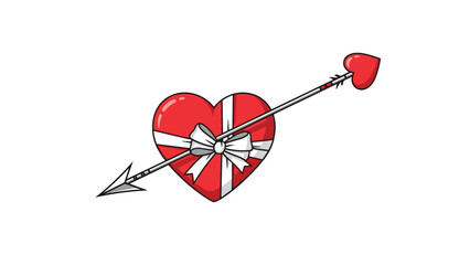 Valentine's Day illustration of a red heart-shaped gift box with a white ribbon, pierced by Cupid's arrow of love and romance.