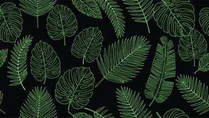 Seamless pattern of glowing green tropical leaves like monstera and palm on a dark black background for an exotic, modern design. © Elma