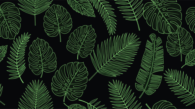 Seamless pattern of glowing green tropical leaves like monstera and palm on a dark black background for an exotic, modern design.