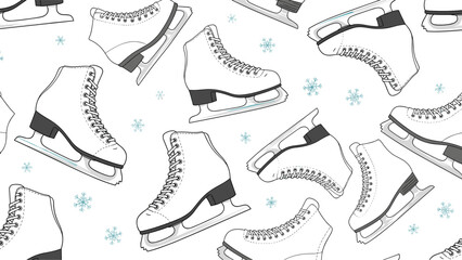 Obraz premium Seamless winter pattern with classic white figure skates and delicate blue snowflakes, perfect for holiday and sports-themed designs.