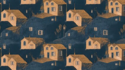 Watercolor Houses Pattern - Cozy Village Landscape in Blue and Brown.