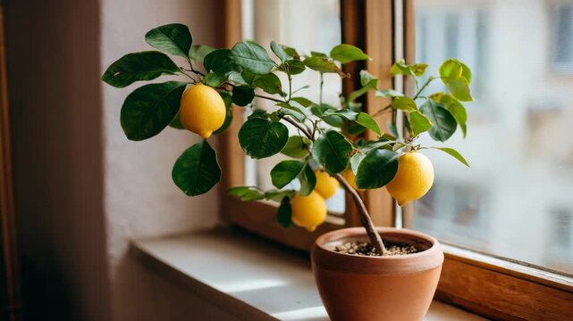 A potted dwarf lemon tree with ripe yellow fruit and green leaves sits on a windowsill