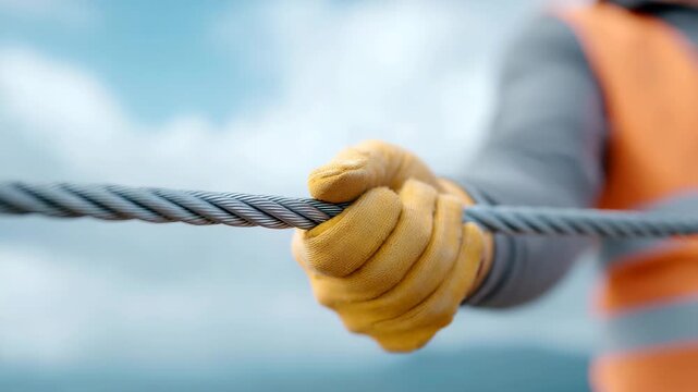 Worker glove rope safety construction hand gripping steel cable with strong glove grip and detail