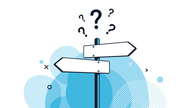 Concept of decision-making and uncertainty, shown by a crossroads signpost with blank arrows and question marks on a background.