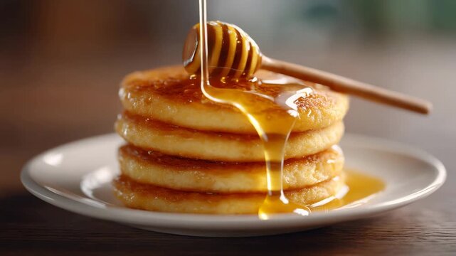 Golden pancake stack honey syrup breakfast food sweet snack comfort on white plate