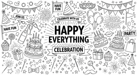 Happy Everything Celebration with party elements and cakes.