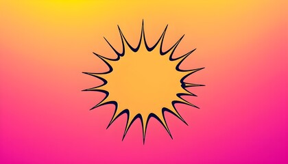 Naklejka premium Stylized sunburst with sharp black rays radiating from central circle; vibrant gradient background shifting from yellow to pink; high-contrast pop art aesthetic with dynamic energy and graphic design 