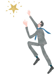 Full length illustration of a businessman jumping to reach a shining star symbolizing success and ambition