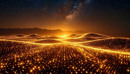 Illuminated futuristic landscape under a starry night sky