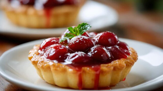 A close up of a single fruit tart topped with cherries and a mint leaf dusted with powdered sugar