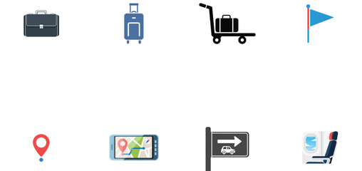 Illustration of travel and transportation icons set luggage, navigation, airport signs, and seating