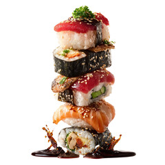 Stacked Sushi Rolls with Sauce Splash