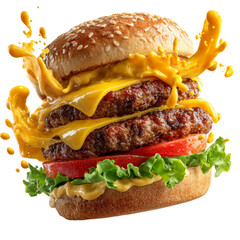 Juicy Cheeseburger with Lettuce, Tomato, and Sauce Splash