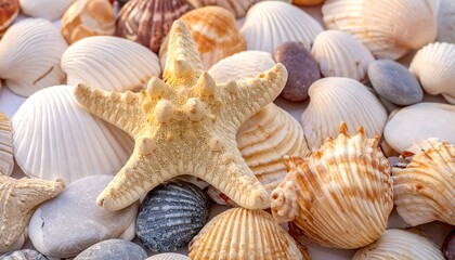 Close-up of seashells and a starfish on a white surface