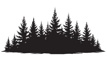 landscape with black silhouettes of trees and hills, trees silhouettes set. Black pine woods
