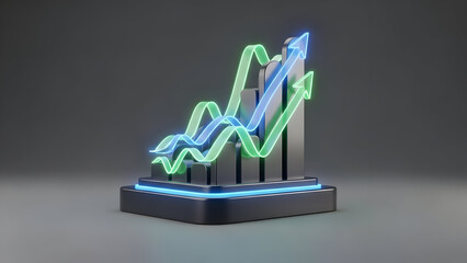3D neon graph showing upward trend and success.
