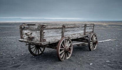 Fototapeta premium Weathered Wooden Wagon in a Barren, Desolate Landscape