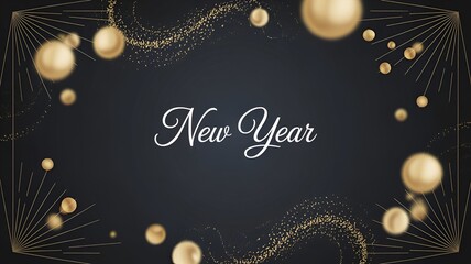 Elegant New Year graphic with dark background, golden swirl, sparkling particles, and floating gold spheres.