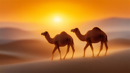 Two camels walking across desert dunes at glowing sunset with long shadows. Warm minimalist landscape for travel, safari adventure, freedom, and calm evening atmosphere with copy space.