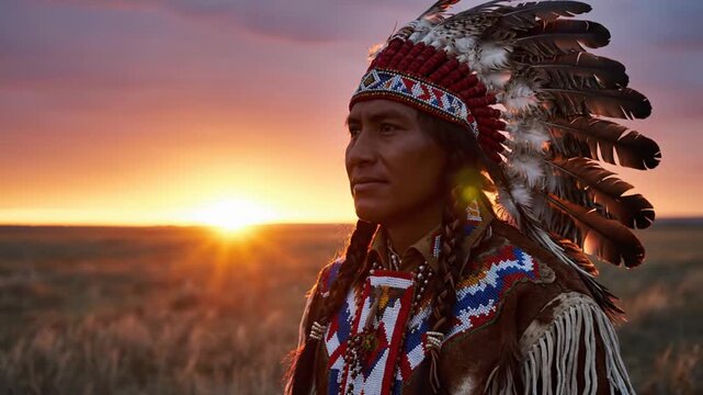 Native American Chief at Sunset: A Portrait of Heritage and Tradition