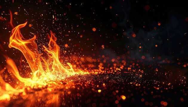 Vibrant orange flames erupt against a dark background, scattering bright sparks and bokeh lights.