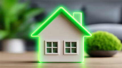 Small house model with glowing green outline on desk, symbolizing eco home, energy efficiency, smart living, net zero housing, and sustainable real estate concept with copy space.