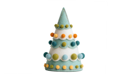 cozy felt cone tree with stitched edges, buttons and yarn pom-pom garland, Scandinavian style