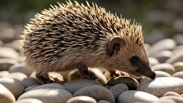 A cute hedgehog foraging among smooth pebbles in a serene setting.