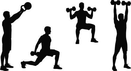 Silhouettes of strength training exercises with kettlebell swing, dumbbell lunge, squat, and shoulder press on white background