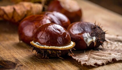 Close-up of glossy brown conkers and spiky husks on wood