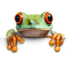 a cute tree frog peeking over the edge of a blank