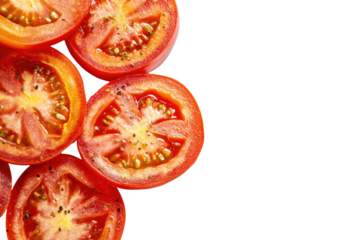 Bright red tomato halves seasoned with black pepper and herbs arranged as a vibrant food border isolated on transparent background