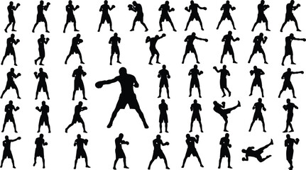 Fototapeta premium Grid of martial arts and boxing silhouettes showing diverse stances, punches, and kicks with central figure on white background