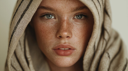freckled girl with towel hood, natural beauty close up portrait, soft minimal skincare mood
