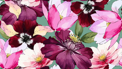 Luxury Floral Seamless Pattern. Watercolor Flowers Vector Background. Botanical Wallpaper Design. Vintage Floral Print Template for Textile and Fabric Design