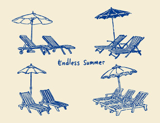 Beach Loungers Vector Illustration Hand Drawn Sketch Style Set. Beach and Loungers and Umbrella Line Art Drawing. Tropical Vacation Illustration in Trendy Doodle Style for Travel Design