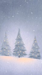Fototapeta premium Magical winter illustration glowing pine trees snowfall soft lights serene seasonal artwork commercial use