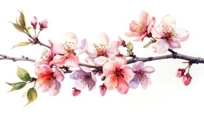 Naklejka premium Watercolor painting of delicate pink cherry blossoms blooming on a dark branch against a white background.