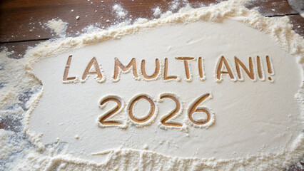 Celebration with flour and wishes for a happy new year in 2026 The message reads La Multi Ani!