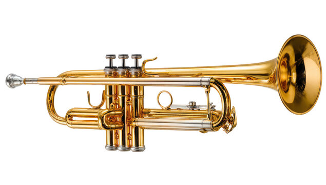 Shiny brass trumpet musical instrument with polished gold finish and silver accents isolated on transparent background