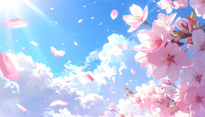 青空に舞う桜の花びらの背景素材、ピンク色の日本の桜、春を感じるさわやかなイメージ、生成AI