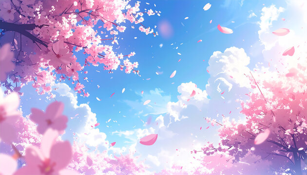 青空に舞う桜の花びらの背景素材、ピンク色の日本の桜、春を感じるさわやかなイメージ、生成AI