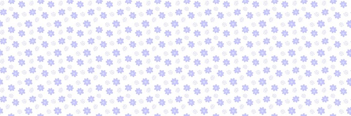 Soft purple floral seamless pattern with hand drawn flowers and dotted elements on white background. Cute groovy floral design for wallpaper, fabric, wrapping paper, stationery, and decor.